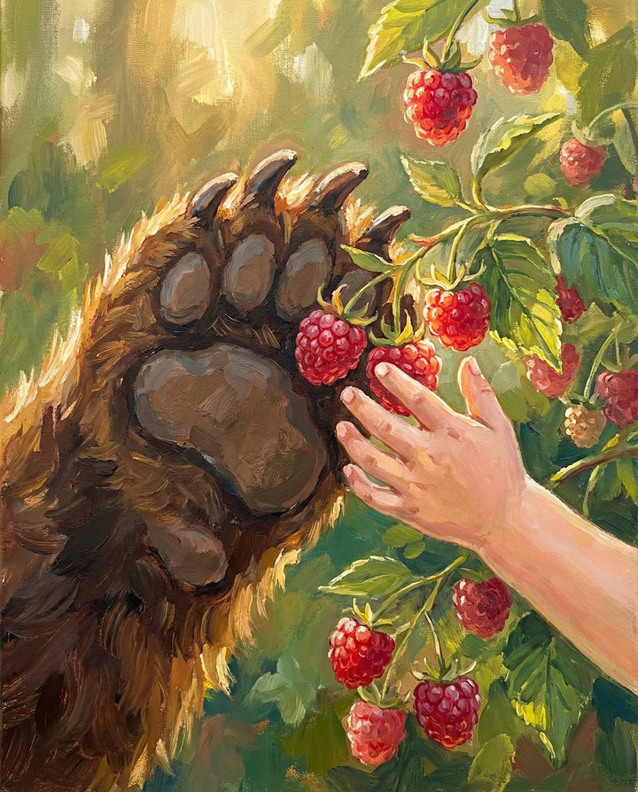 A close-up painting of a child’s hand and a bear’s paw gently reaching for ripe red raspberries on a sunlit bush symbolizing a quiet moment of friendship and love shared over nature’s sweetness between a bear and a child
