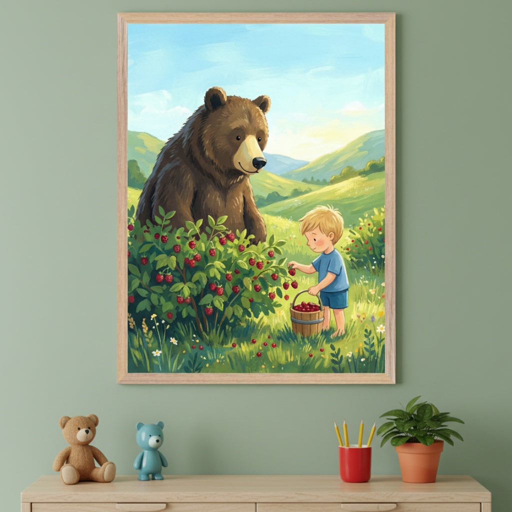 Kid's room with a sage green wall and a light wood dresser. A framed illustration hangs above the dresser, depicting a brown bear watching a small boy pick red raspberries in a sunny green field. On the dresser are a brown teddy bear, a blue teddy figurine, a red pencil holder with yellow pencils, and a small potted plant.