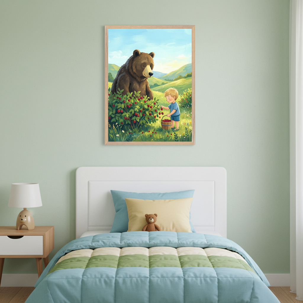 Kid's bedroom with a white single bed and wood nightstand. A framed colorful illustration of a boy picking berries with a brown bear in a meadow hangs centered above the bed.