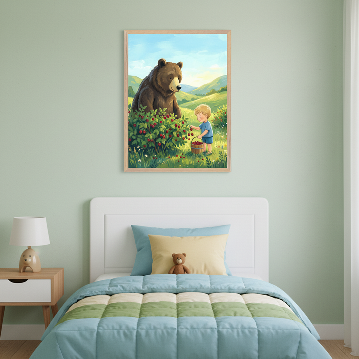 Kid's bedroom with a white single bed and wood nightstand. A framed colorful illustration of a boy picking berries with a brown bear in a meadow hangs centered above the bed.