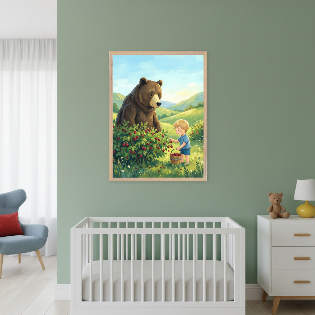 Modern nursery with sage green walls. A white crib is in the foreground, with a white dresser, teddy bear, and yellow lamp on the right. A gray armchair is on the left. Centered above the crib is a framed illustration of a brown bear and a blond boy picking red berries in a sunny green field.