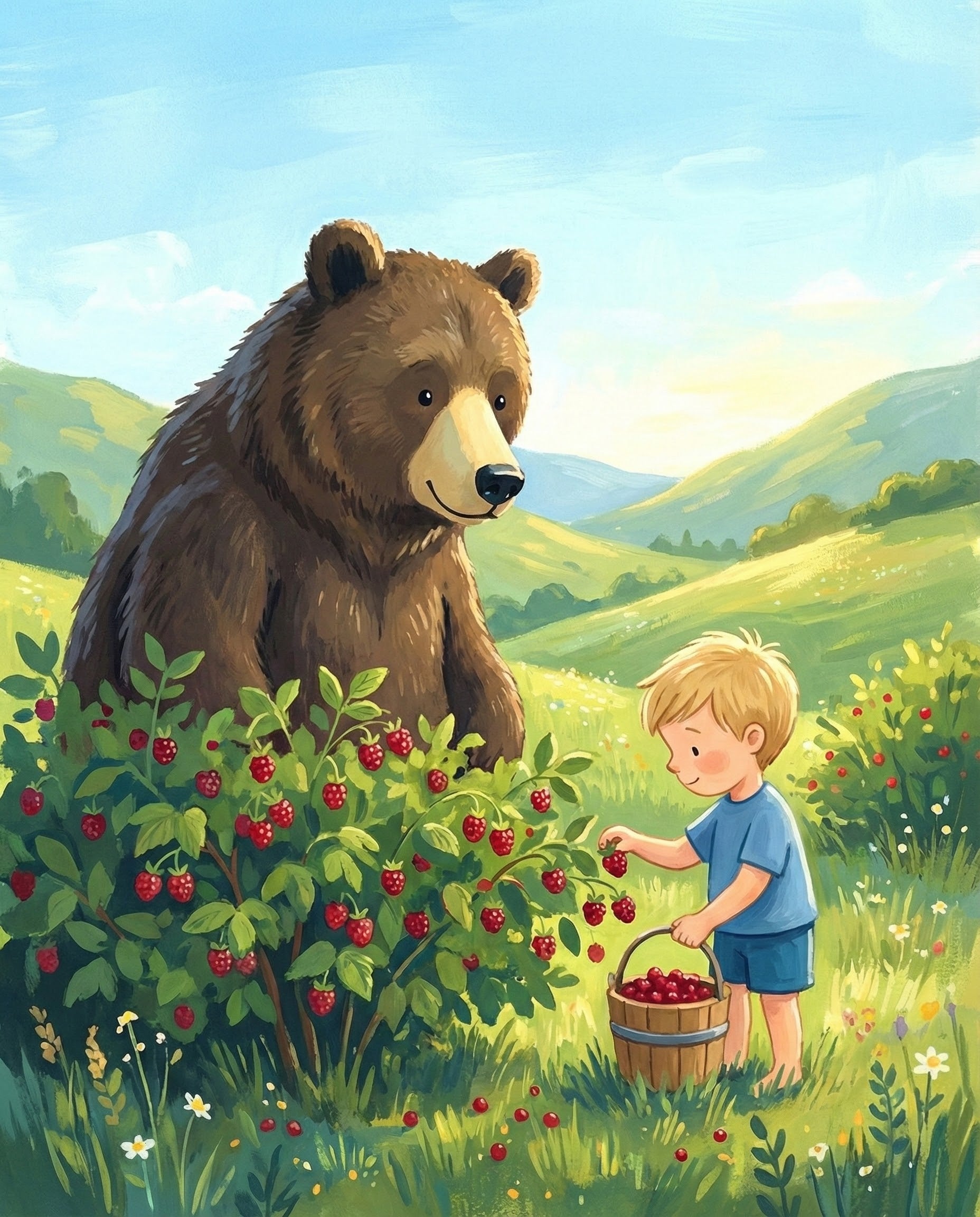A cheerful illustration of a boy picking raspberries into a wooden basket while a smiling bear watches nearby in a bright green valley filled with wildflowers showing the joy of friendship and love through a shared outdoor adventure
