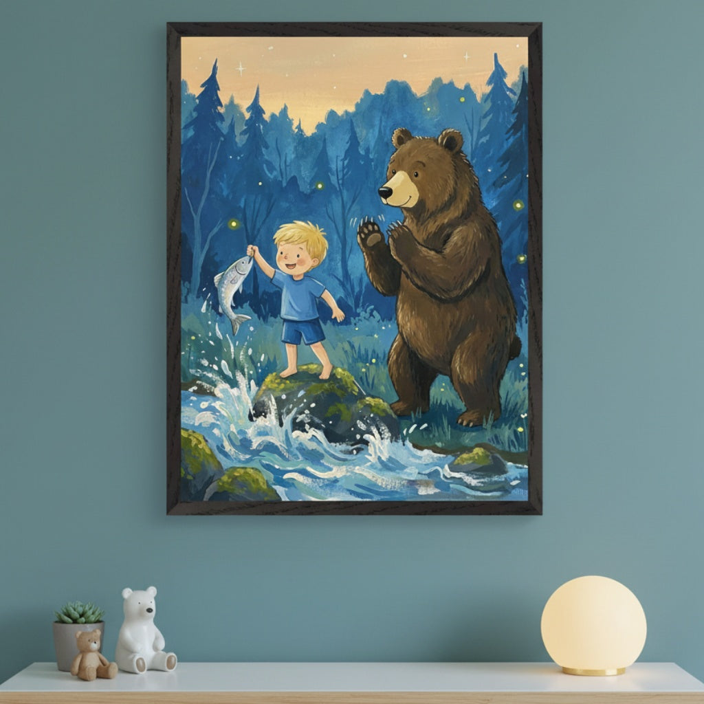 Modern kid's room with a teal wall and a white shelf. A black-framed cartoon painting of a blonde boy holding a fish for a brown bear in a blue forest hangs above the shelf. Figurines, a plant, and a lamp are on the shelf.