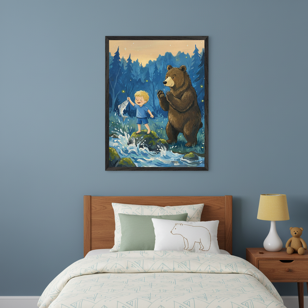 Kid's bedroom with a wooden bed and a nightstand. A large framed illustration of a boy holding a fish while a bear stands next to him in a forest with a river hangs above the bed.