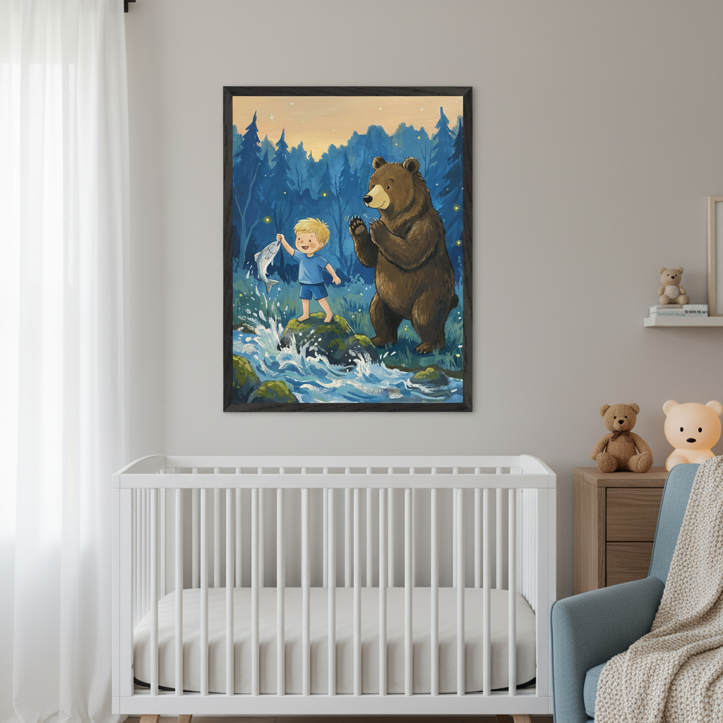 Modern nursery with a white crib and light blue armchair. A large framed cartoon-style print of a boy holding a fish for a bear in a river with a forest background hangs above the crib. A wooden dresser with teddy bears is on the right.