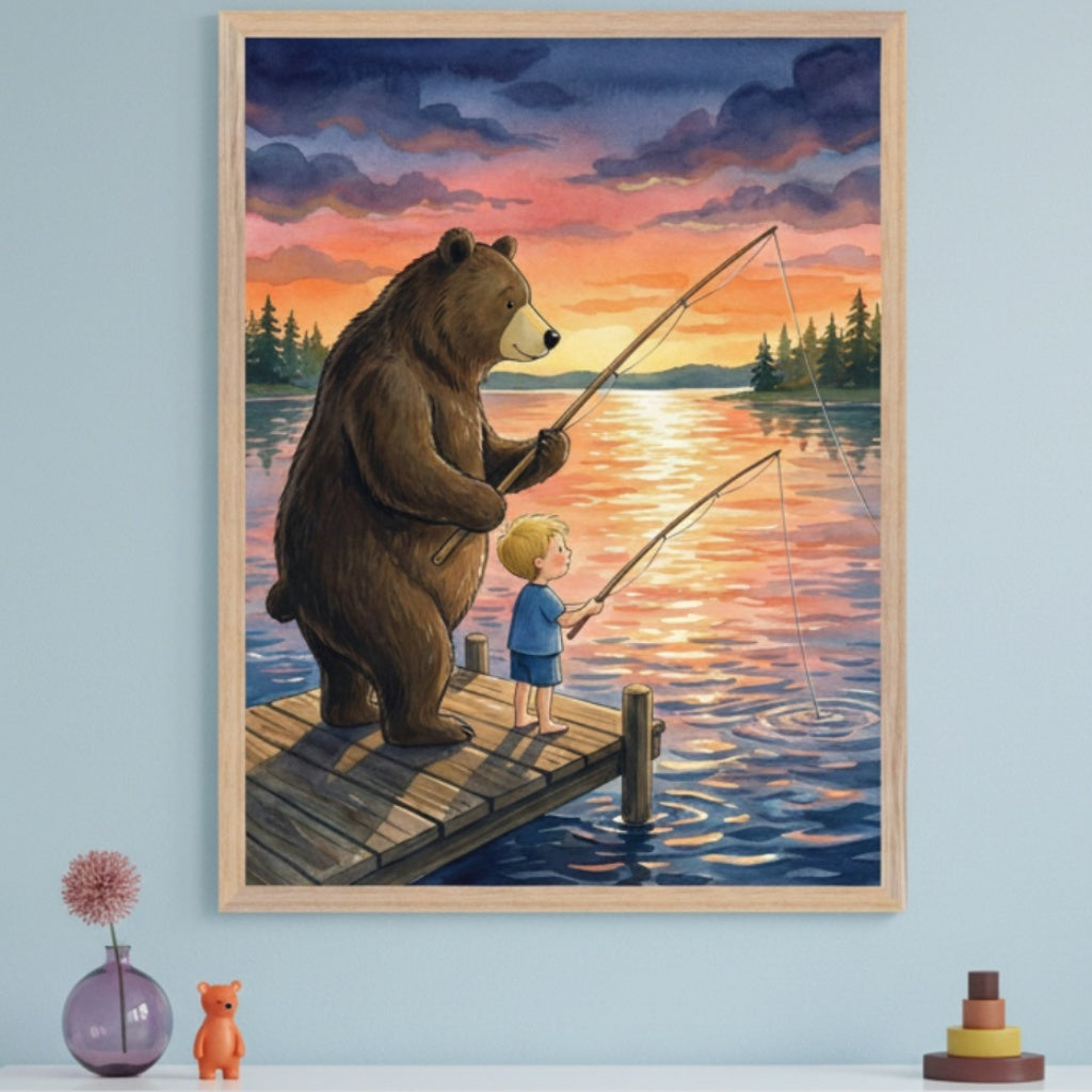 Kid's room with light blue wall and white shelf. Above the shelf hangs a framed watercolor painting of a brown bear and a boy fishing from a dock at sunset. A purple vase with a flower, an orange bear figurine, and wooden blocks are on the shelf.