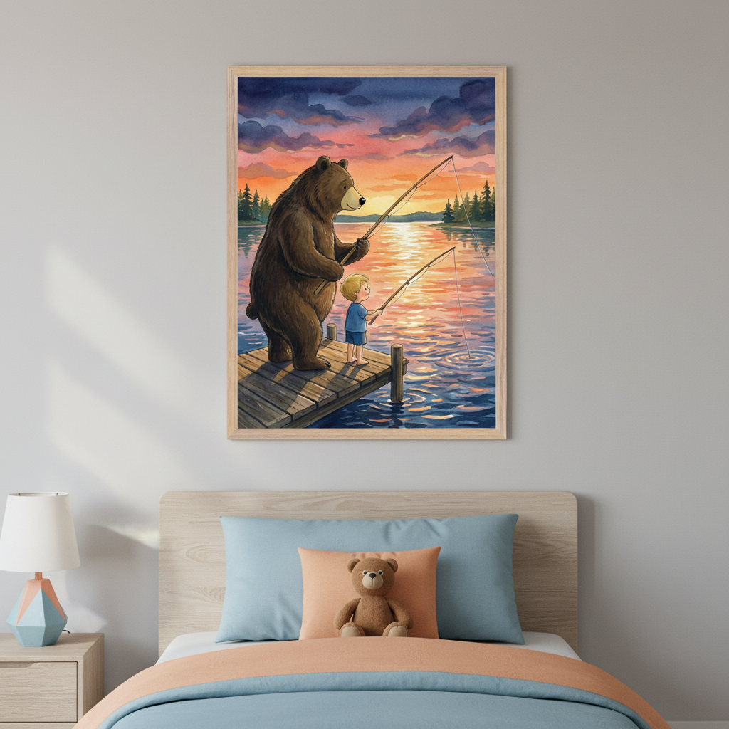 Kid's bedroom with a light wood bed and nightstand. A framed watercolor painting of a large brown bear and a small boy fishing on a dock at sunset hangs centered above the bed.