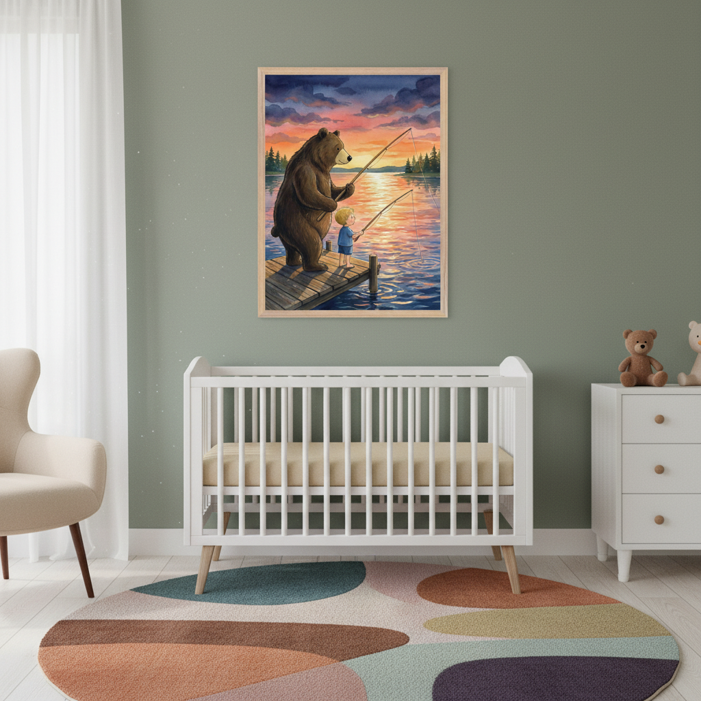 Modern nursery with a sage green wall. Above a white crib, a large framed print depicts a brown bear and a boy fishing from a dock at sunset, in an illustrative style. A white dresser and a beige armchair are also in the room.