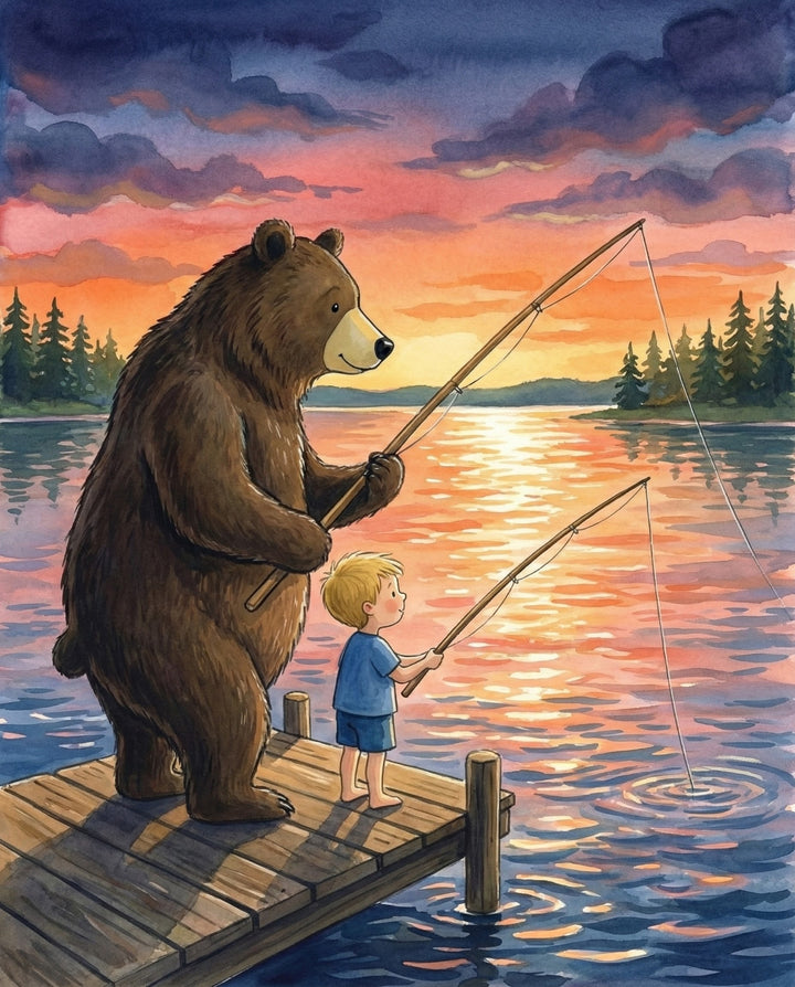 A heartwarming scene of a bear and a boy standing side by side on a dock fishing in a lake glowing with the warm colors of sunset representing a strong bond of love and friendship shared in the golden light of evening
