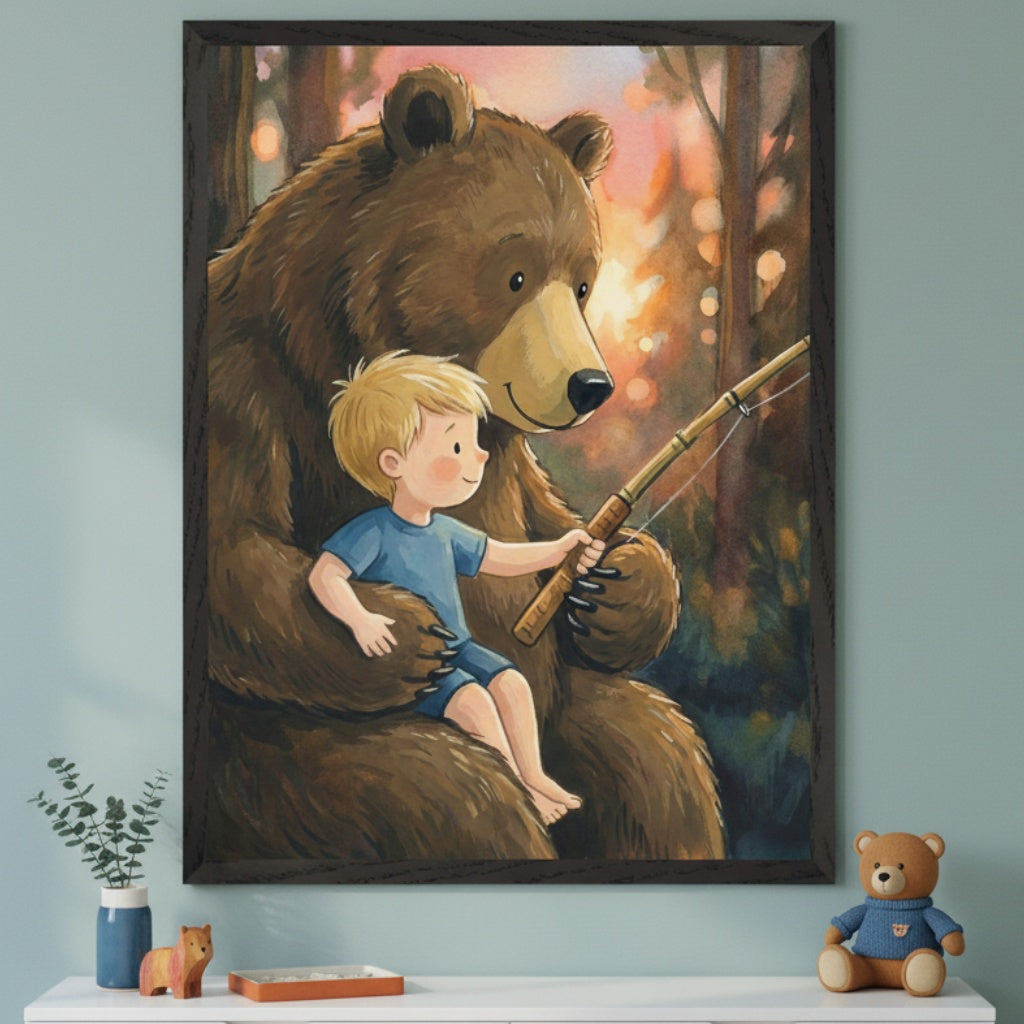 Kid's bedroom with a white dresser against a blue-green wall. A large framed illustration of a bear and a boy fishing hangs above the dresser. A vase with greenery, a wooden fox, and a teddy bear are on the dresser.