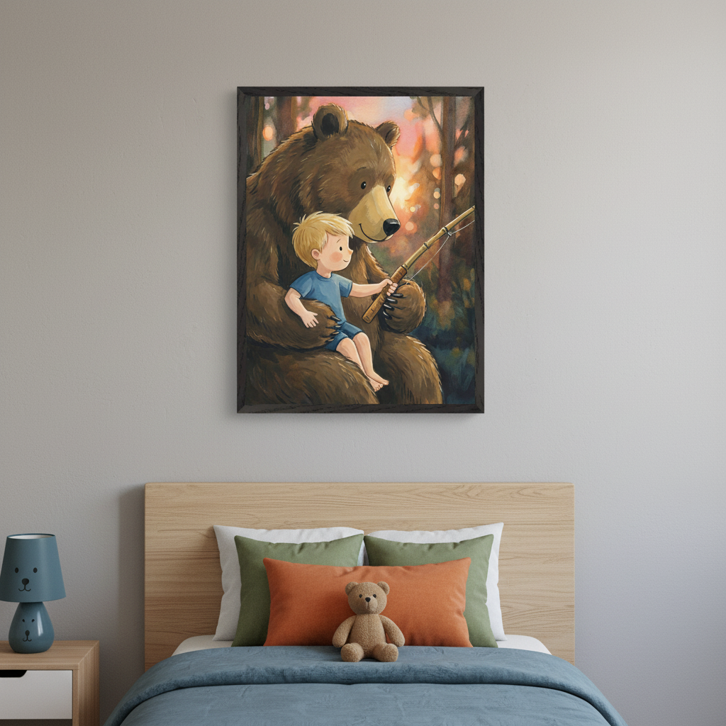 Kid's bedroom with a wooden bed, blue bedding, and a teddy bear. A framed illustration of a brown bear with a blonde boy holding a fishing rod in a forest hangs centered above the bed. A light wood nightstand with a blue bear lamp is on the left.