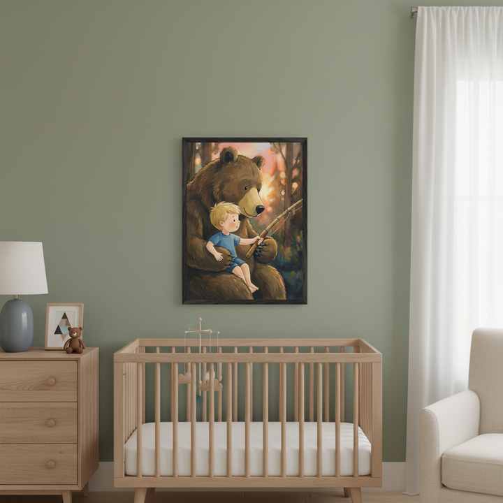 Modern nursery with a light wood crib, dresser, and armchair. A large framed painting of a brown bear holding a small blonde boy who holds a fishing rod hangs on the green wall above the crib. A lamp and a teddy bear are on the dresser, and a window with white curtains is to the right.