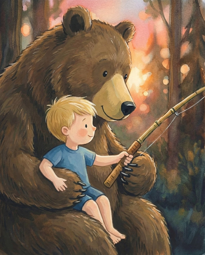 A cozy image of a boy sitting in a bear’s lap holding a fishing rod together as the sun sets in the forest capturing a gentle and affectionate moment filled with love and quiet bear friendship
