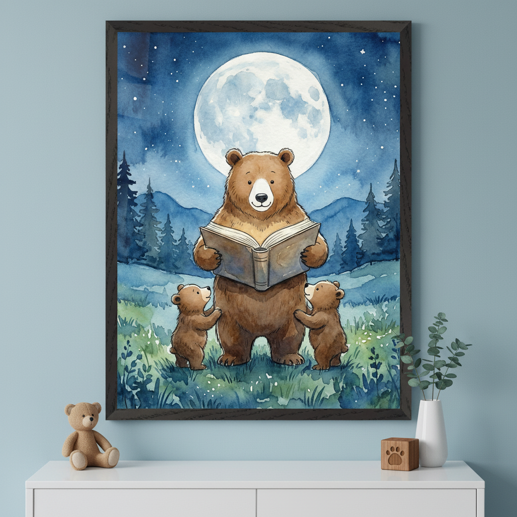 Modern child's room with a white dresser. A framed watercolor painting of a large bear reading to two cubs under a full moon in a starry night landscape hangs above the dresser. A teddy bear, a white vase with greenery, and a wooden block are on the dresser.