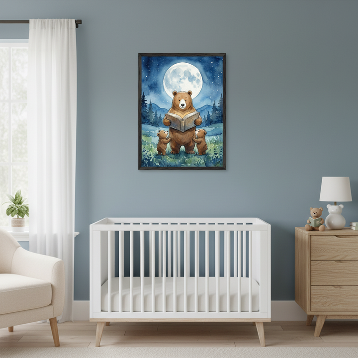 Modern nursery with a white crib, cream armchair, and wooden dresser. A framed watercolor painting of a bear reading to two cubs under a full moon in a forest hangs above the crib on a blue wall.