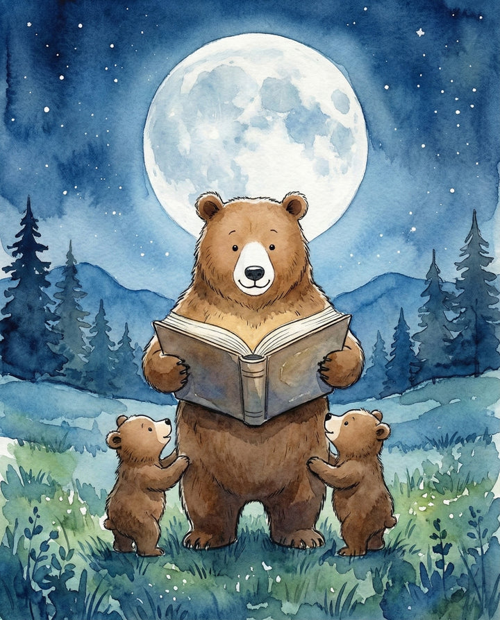 A large bear holding an open book reading to two little bear cubs in a meadow under a bright full moon and starry sky reflecting the nurturing love and deep friendship shared within a bear family
