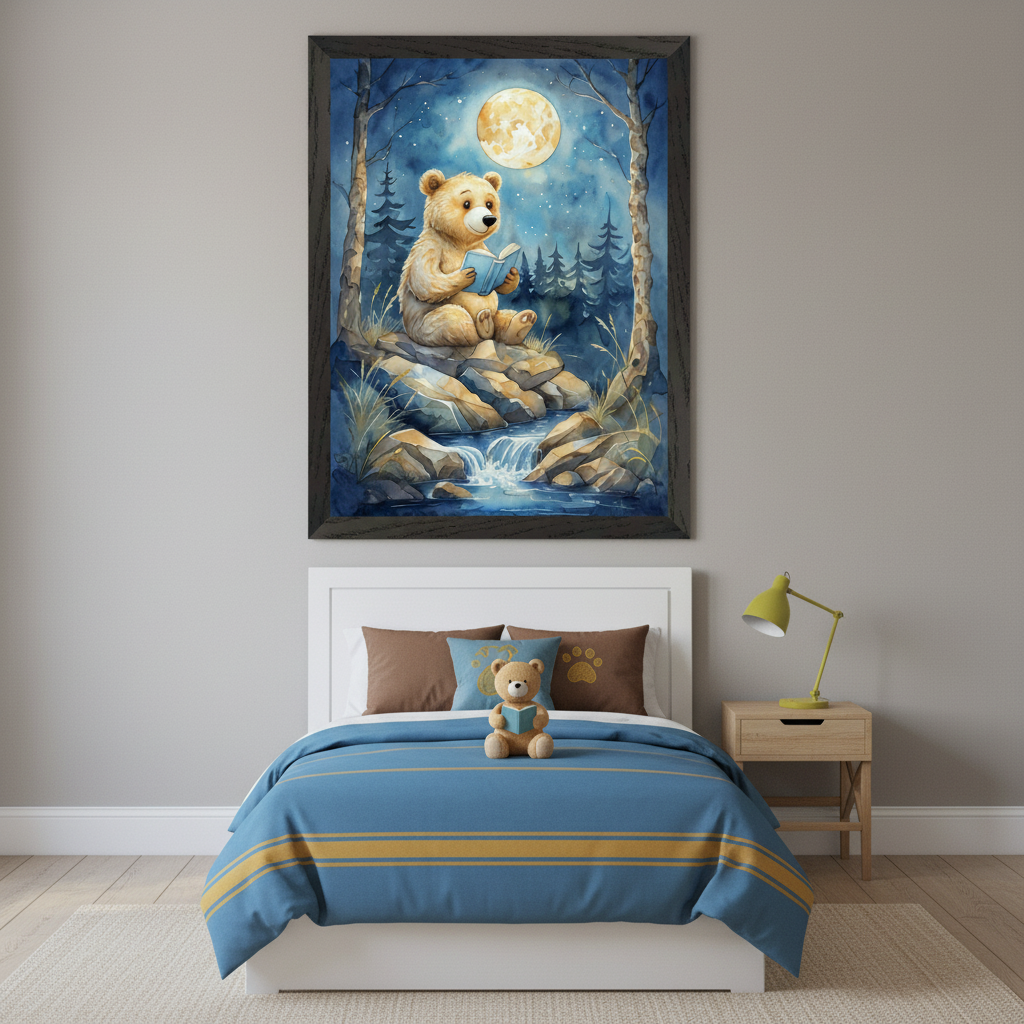 Kid's bedroom with a white bed, blue bedding, and a light wood nightstand with a lamp. A large framed watercolor painting of a bear reading by a waterfall under a full moon in a blue forest hangs centered above the bed.