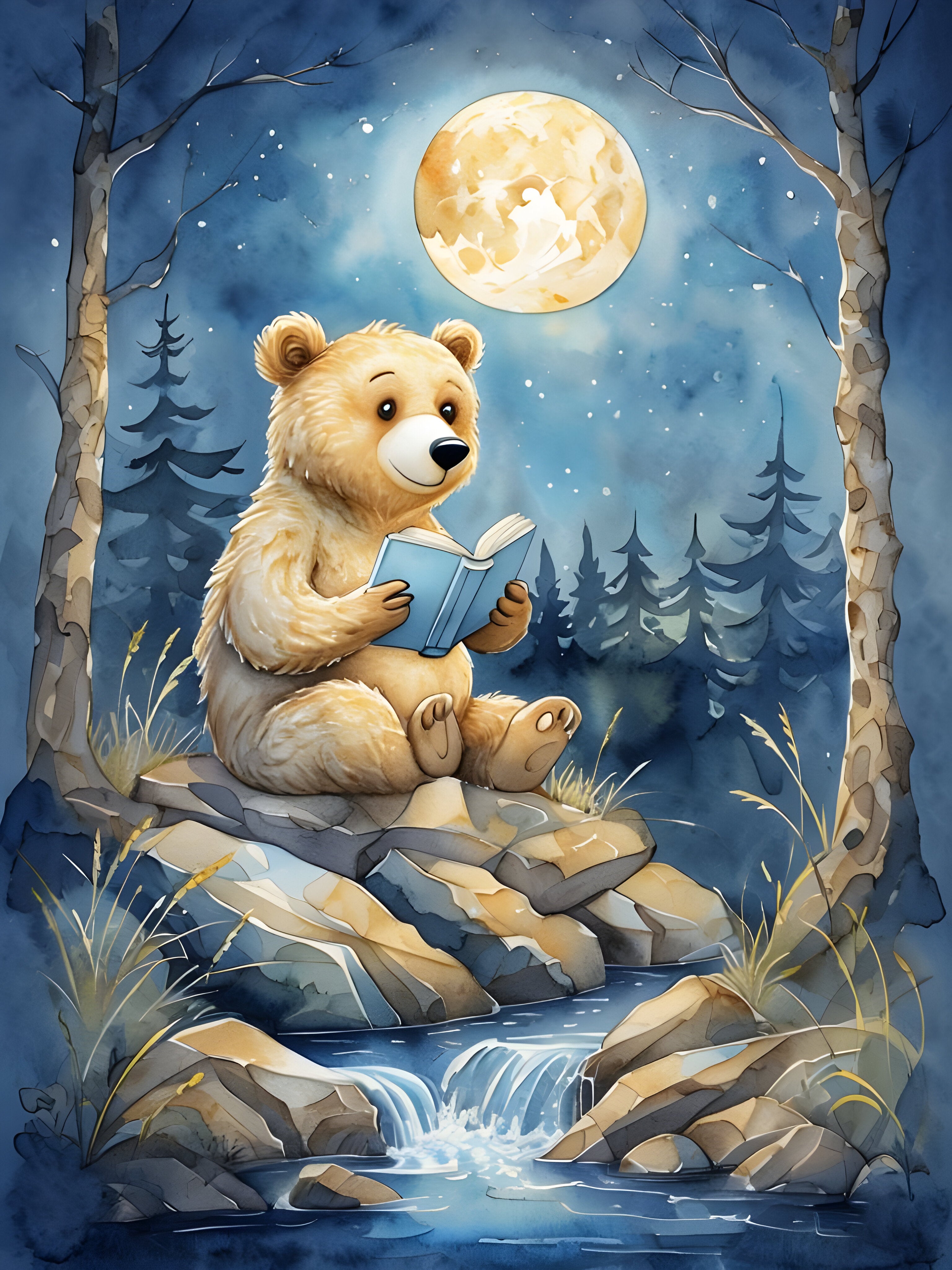 Whimsical Bear Wall Art for Nursery, Playroom or Kids Bedrooms - Moonlit Storytime Woodland Decor - Forest Fables
