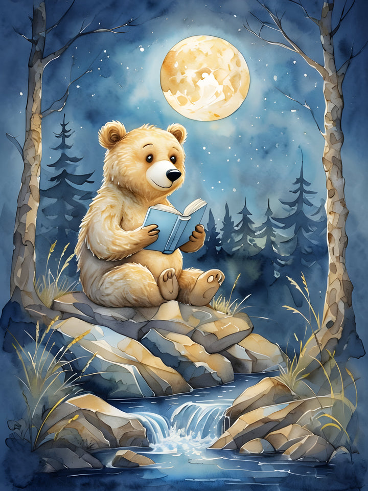 A cute bear sits on a rocky ledge by a small waterfall, reading a blue book under the full moon. The night sky is filled with stars, and tall trees surround the scene, creating a serene forest atmosphere.