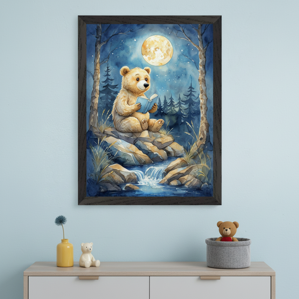 Framed illustration of a fluffy bear sitting on a rocky ledge under a glowing full moon, reading a book beside a gently flowing stream in a moonlit forest. The dreamy night scene hangs above a dresser decorated with a small vase, a ceramic bear, and a fabric bin holding a teddy bear, creating a cozy and imaginative nursery vibe.