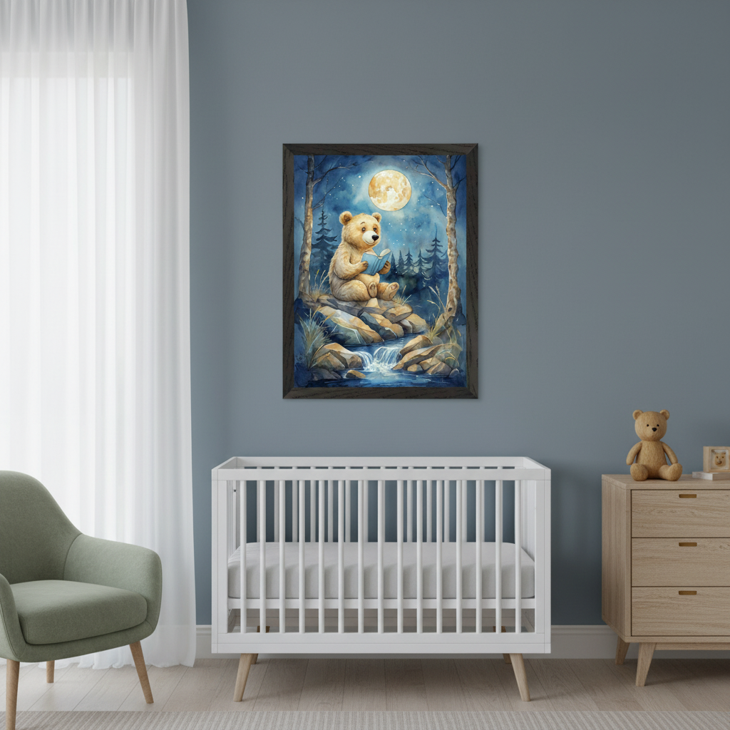 Modern nursery with a white crib, wooden dresser, and green armchair. A framed watercolor-style print of a bear reading by a waterfall under a full moon in a forest hangs on the blue wall, centered above the crib.