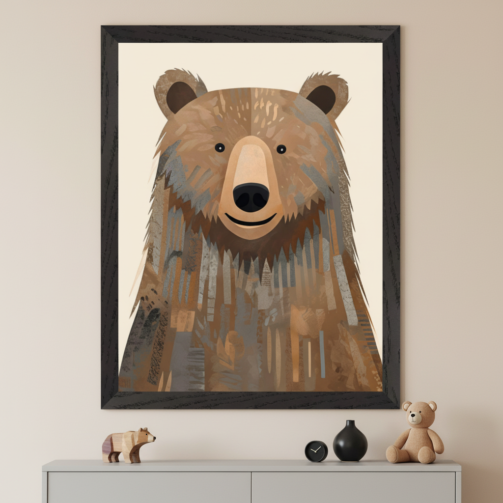 Framed illustration of a friendly brown bear with a big smile and layered textured fur in warm earthy tones, set against a soft cream background. The artwork is displayed above a neutral-toned dresser, accompanied by a wooden bear figurine, a small clock, a matte black vase, and a plush teddy bear for a cozy, woodland-inspired nursery look.