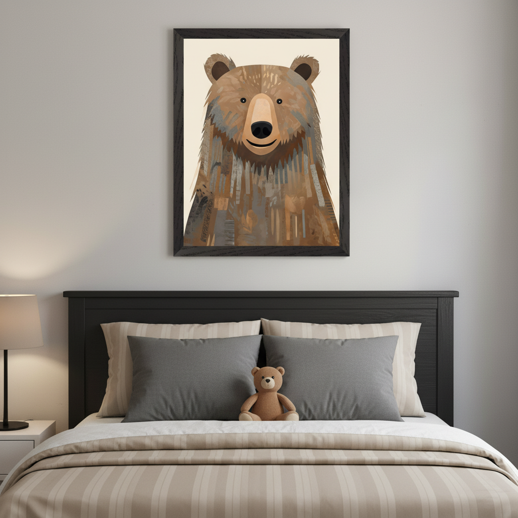 Kid's bedroom with a dark headboard bed, striped duvet, and grey pillows. A small teddy bear sits on the bed. Above the bed hangs a large framed artwork of a friendly, stylized brown bear in an abstract, mosaic-like style.