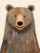 A stylized illustration of a bear with a friendly expression, featuring a patchwork of brown, gray, and beige tones creating a textured fur pattern. The bear's round eyes and prominent snout add to its charming appearance against a light background.