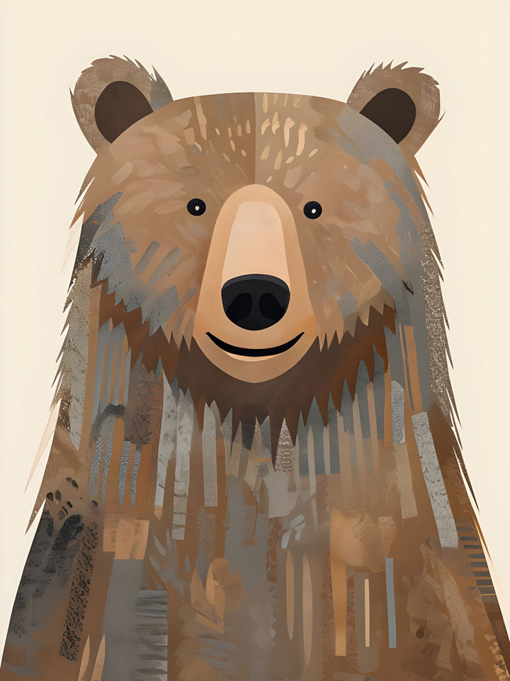 A stylized illustration of a bear with a friendly expression, featuring a patchwork of brown, gray, and beige tones creating a textured fur pattern. The bear's round eyes and prominent snout add to its charming appearance against a light background.
