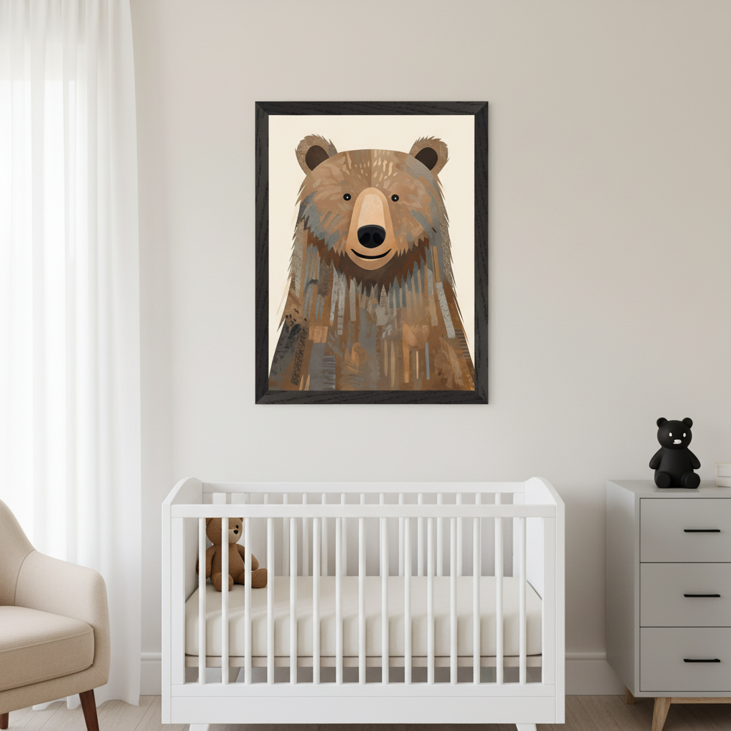 Modern nursery with a white crib, gray dresser, and beige armchair. A framed illustration of a friendly, stylized brown bear with patterned fur hangs centered above the crib.