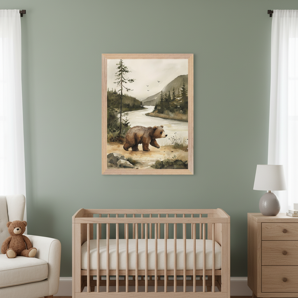 Modern nursery with a sage wall. A framed watercolor of a bear by a forest river hangs above a wood crib. A wood dresser with a lamp is to the right; a white armchair with a teddy bear to the left.