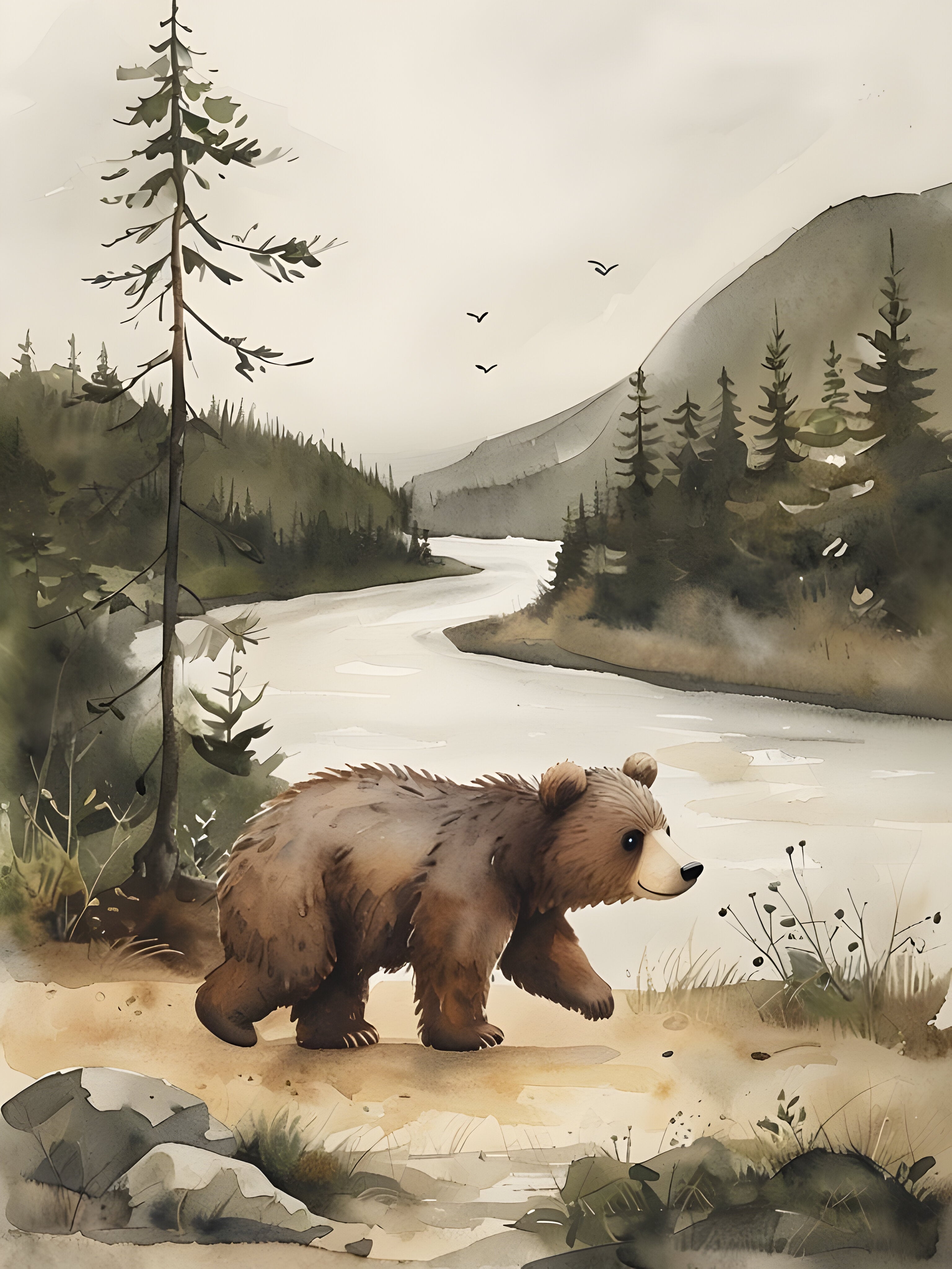 A watercolor illustration depicts a bear cub walking along a riverbank surrounded by pine trees. The scene is set in a serene, mountainous landscape with a few birds flying in the cloudy sky.