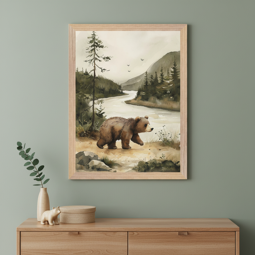 Modern room with a light wood dresser against a sage green wall. Centered above the dresser, a framed watercolor painting shows a brown bear walking by a river, flanked by pine trees and mountains. A green plant, a small bear figurine, and a woven box adorn the dresser.