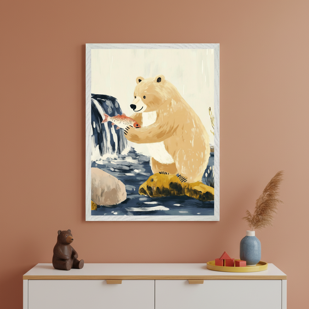 Modern room with a white dresser. A large framed illustrative print of a light brown bear holding a red fish in a river with a waterfall hangs above the dresser. A wooden bear figurine, a blue vase with pampas grass, and red blocks on a yellow tray sit on the dresser.