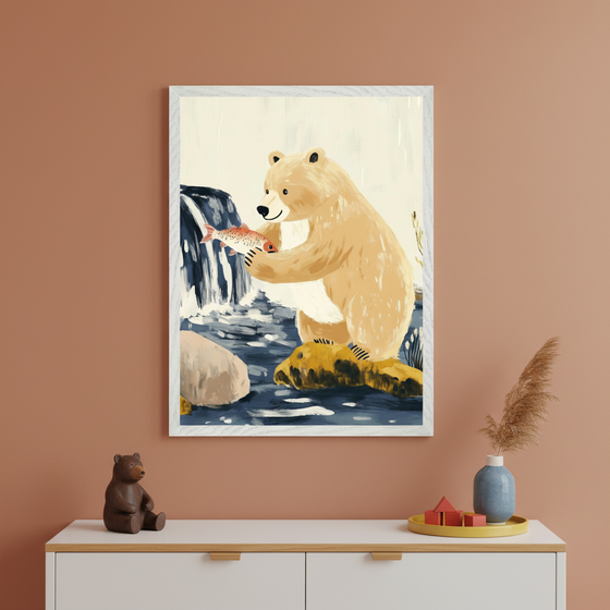 Modern room with a white dresser. A large framed illustrative print of a light brown bear holding a red fish in a river with a waterfall hangs above the dresser. A wooden bear figurine, a blue vase with pampas grass, and red blocks on a yellow tray sit on the dresser.