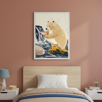 Modern kid's bedroom with a wooden bed and white nightstands against a terracotta wall. A framed illustration of a brown bear catching a red fish in a river with a waterfall hangs centered above the bed.