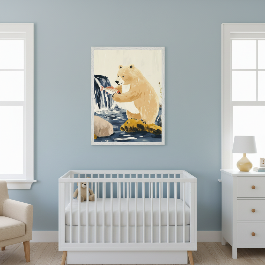 Modern nursery with a white crib, beige armchair, and white dresser. A framed painting of a light brown bear catching a red fish by a waterfall hangs above the crib on a light blue wall.