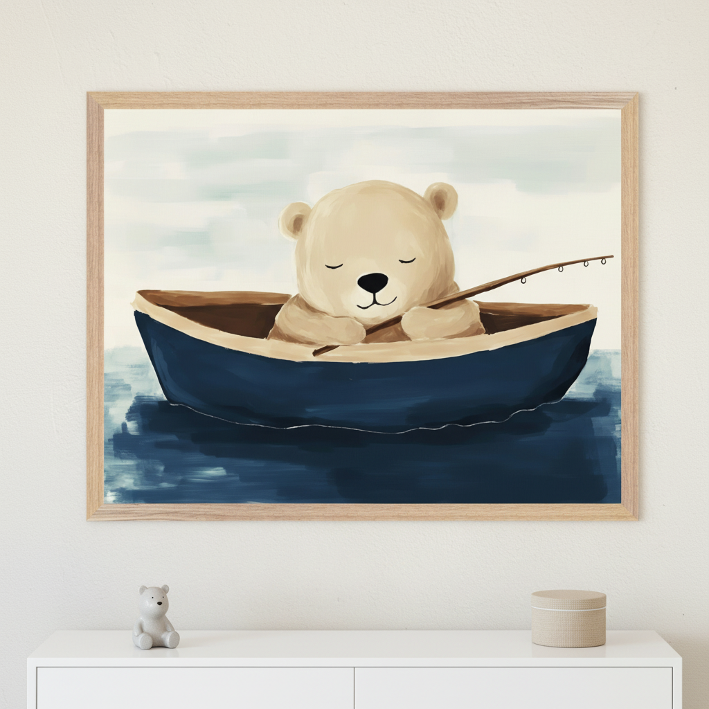Modern room with a light wood dresser. A large framed painting hangs centered above, depicting a father and daughter fishing in a boat on a lake with trees, in a textured oil painting style. A decorative boat and clock sit on the dresser.
