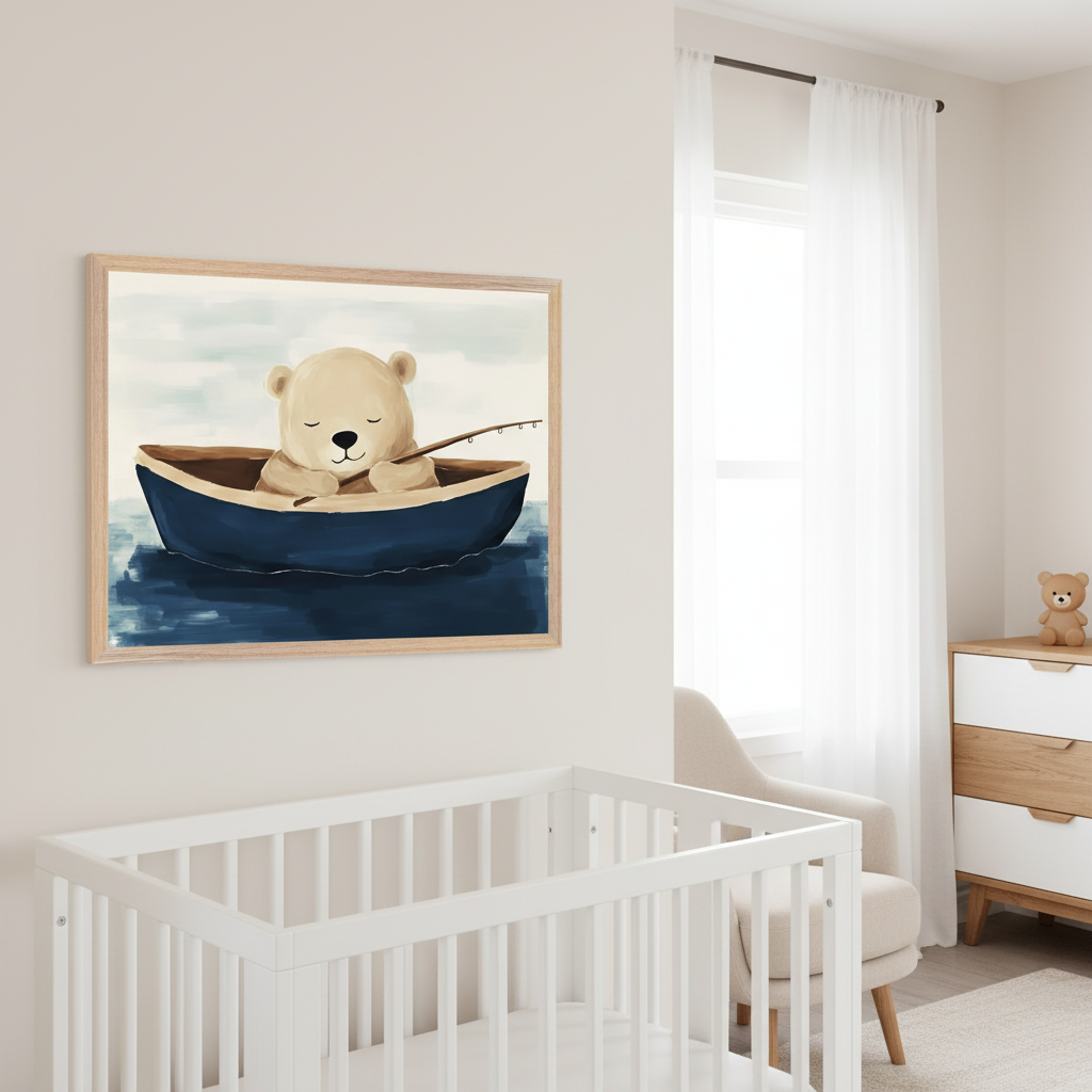 Modern nursery with a white crib. A framed painting of a sleeping light brown bear fishing in a blue boat hangs above the crib. A wood and white dresser with a teddy bear and a cream armchair are to the right.