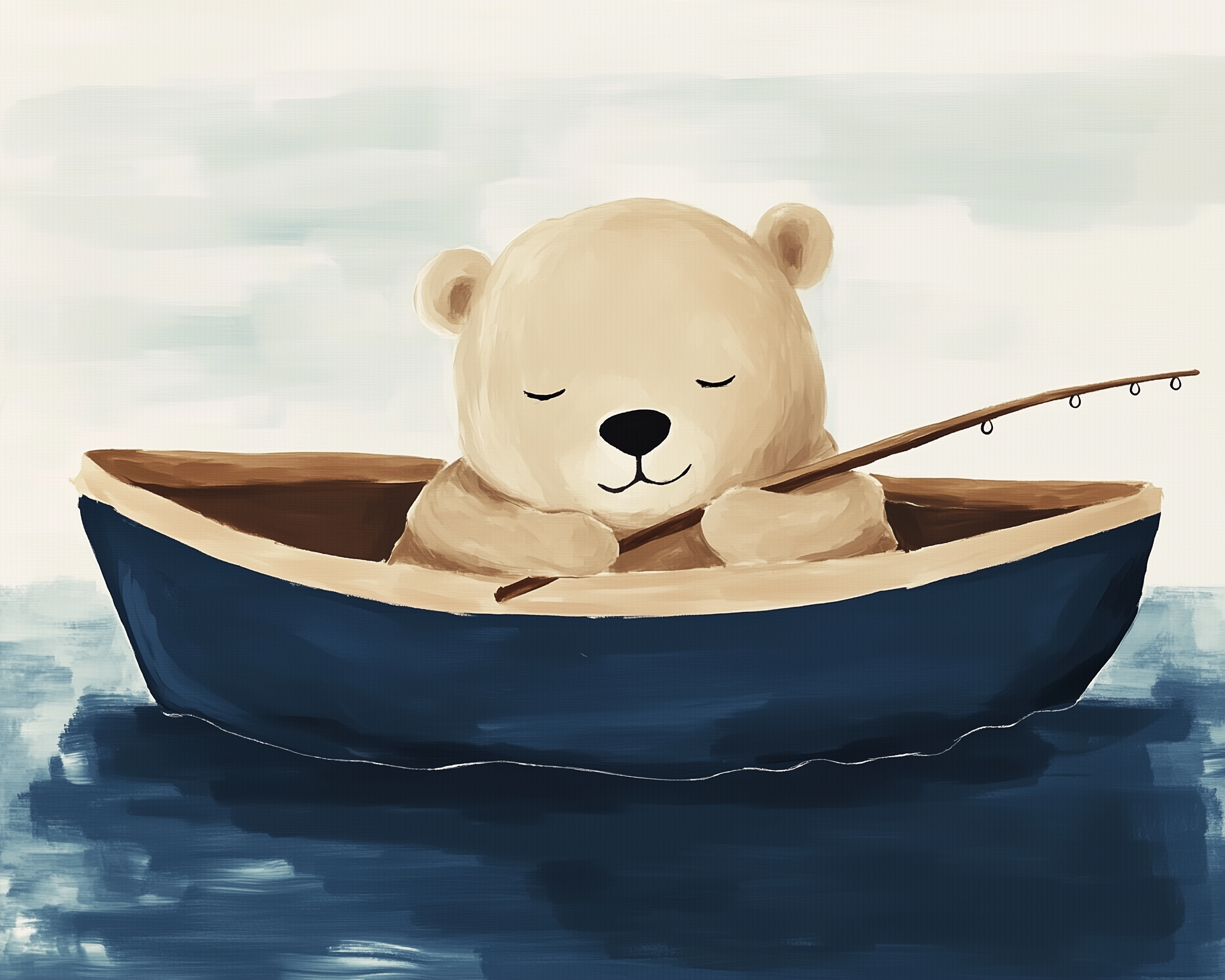 A sleepy cartoon bear holds a fishing rod while sitting in a small blue rowboat floating on calm water.
