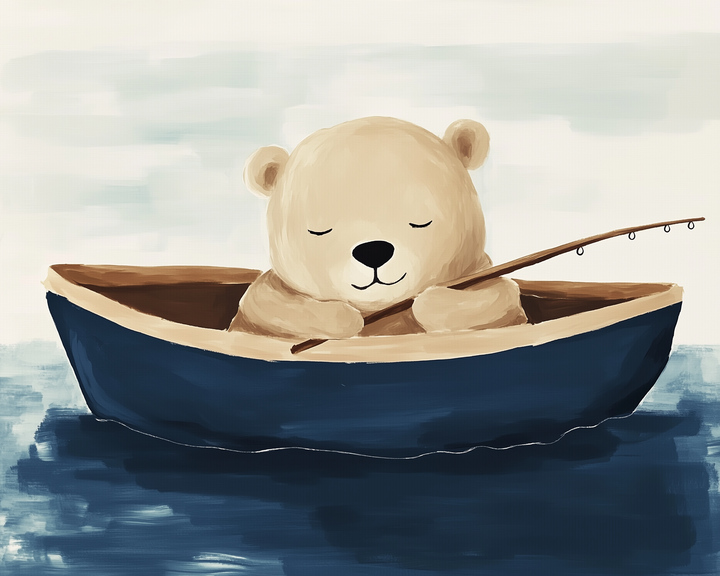 A sleepy cartoon bear holds a fishing rod while sitting in a small blue rowboat floating on calm water.
