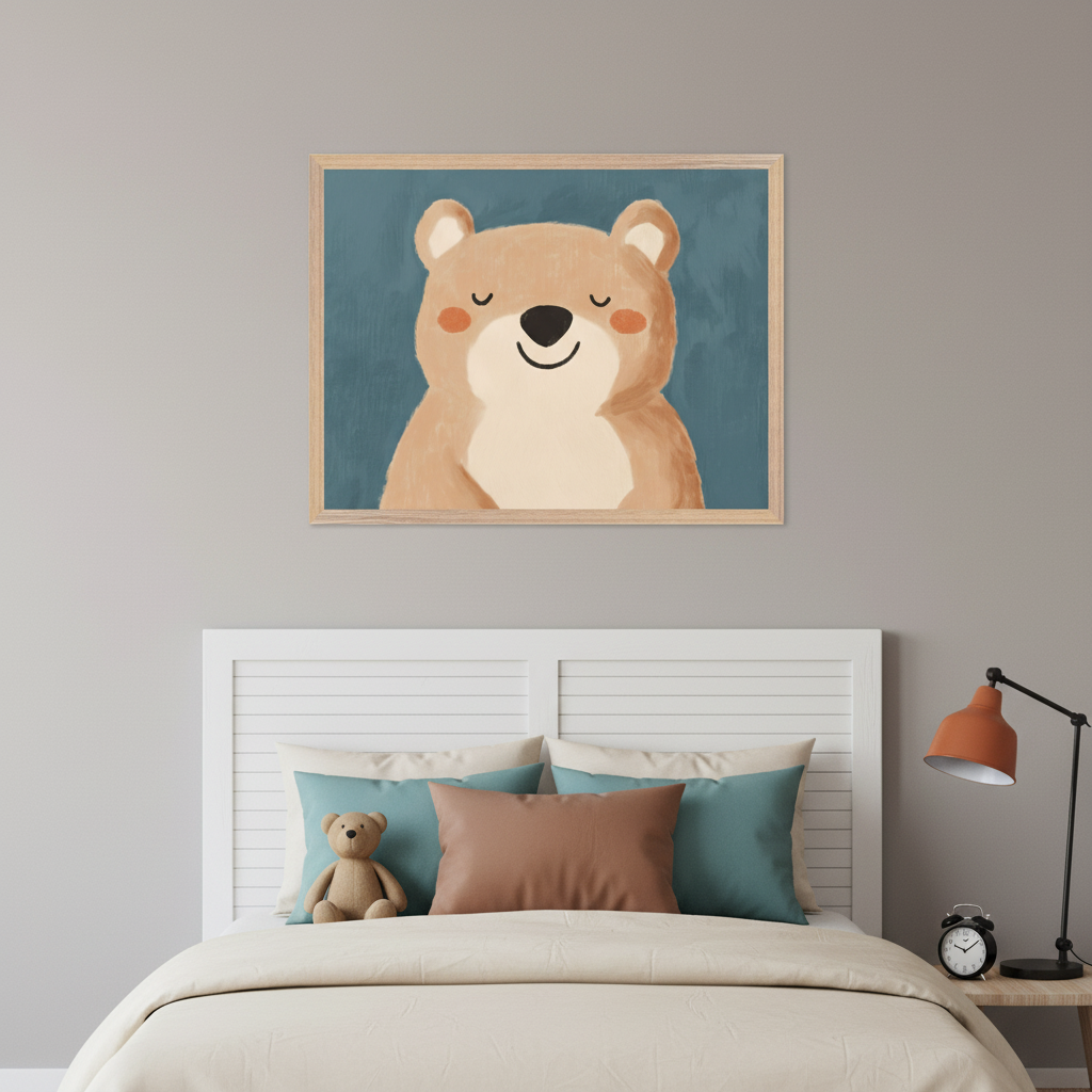 Kid's bedroom with a white bed and slatted headboard. A light wood-framed print of a smiling cartoon bear with rosy cheeks on a teal background hangs above the bed. A teddy bear is on the bed, and a lamp and alarm clock are on a nightstand.