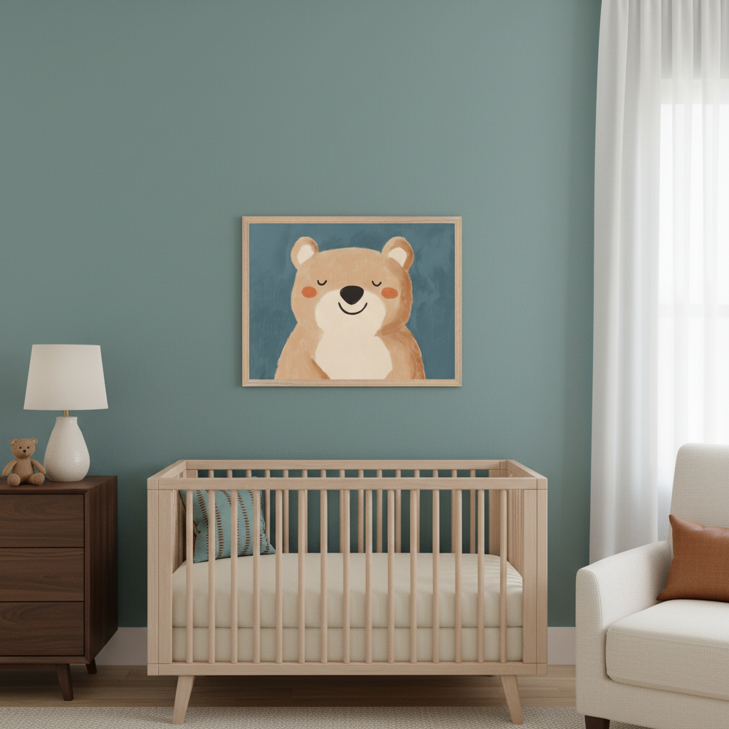 Modern nursery with a light wood crib, dark wood dresser, and white armchair. A framed illustration of a smiling light brown bear on a blue background hangs centered above the crib.