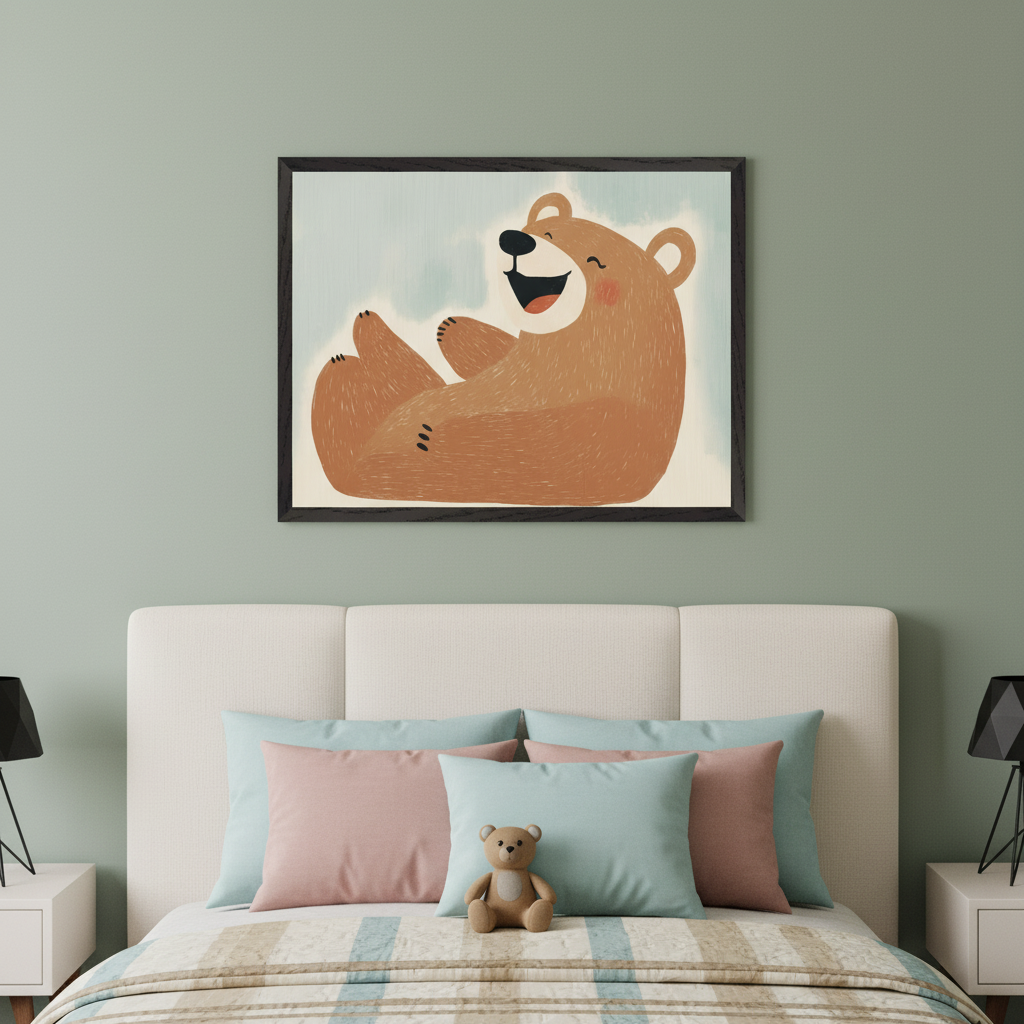 Kid's modern bedroom with a cream upholstered bed against a sage green wall. A framed illustration of a happy, laughing brown cartoon bear lying on its back is centered above the bed. The bed has light blue and pink pillows and a striped comforter with a small teddy bear.