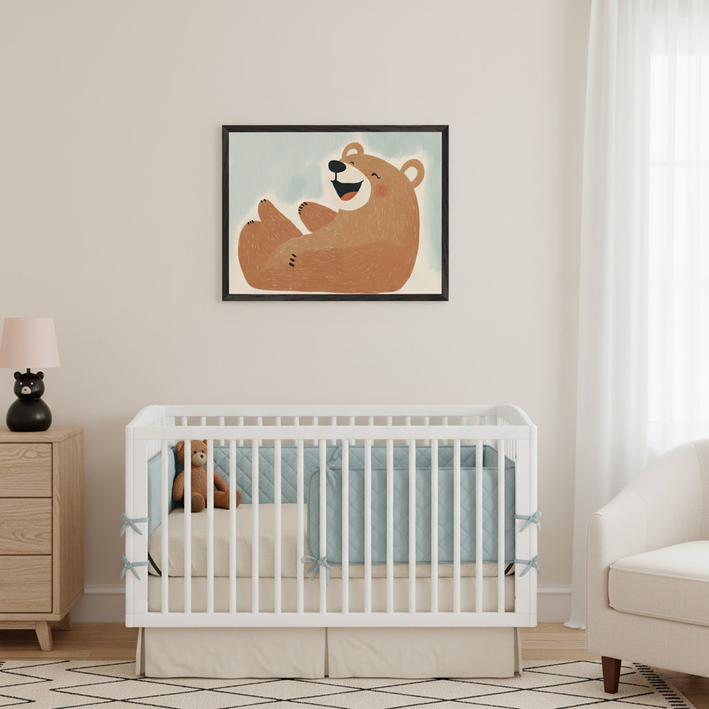 Modern nursery with a white crib, light wood dresser, and white armchair. A large framed illustration of a happy brown bear lying on its back, with a light blue background, hangs centered above the crib.