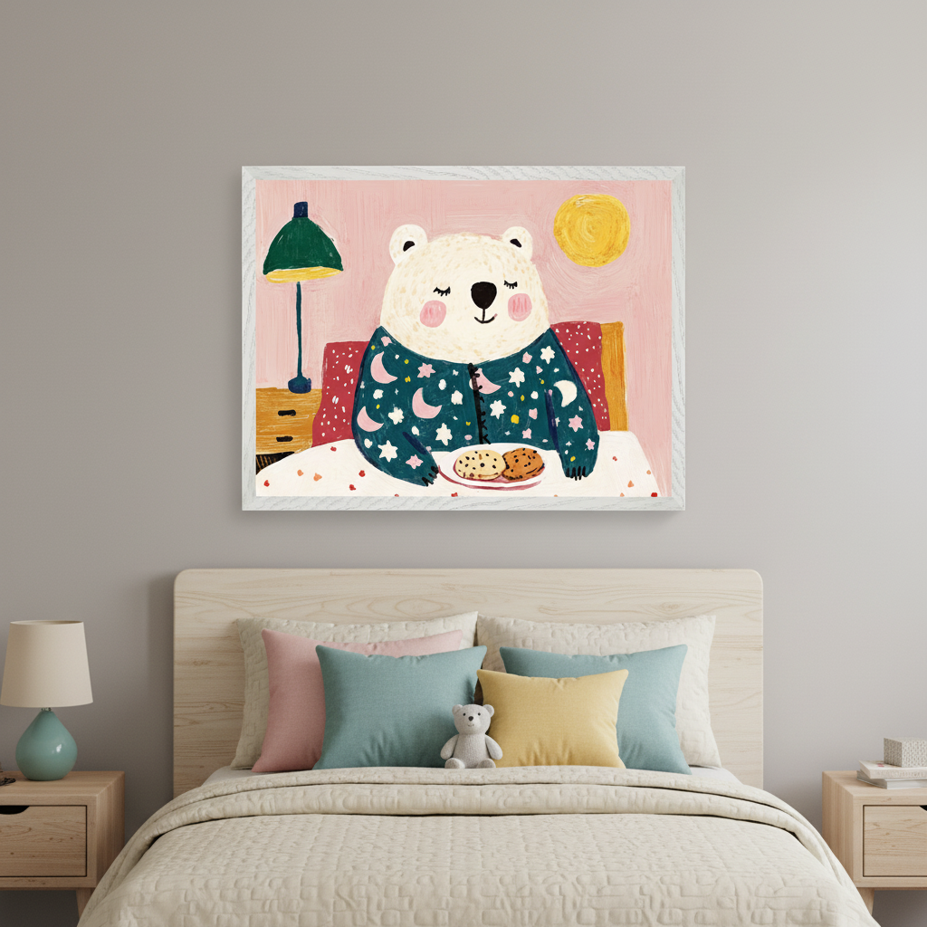 Modern kid's bedroom with a light wood bed, quilted comforter, colorful pillows, and a teddy bear. A framed illustration on the gray wall above the bed shows a white bear in blue pajamas eating cookies in bed, with a green lamp and yellow sun. Nightstands flank the bed.