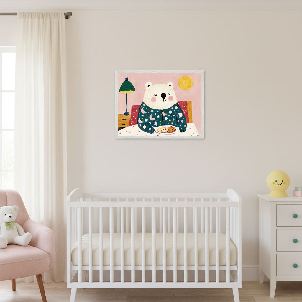 Modern nursery with a white crib, pink armchair, and white dresser. A framed whimsical illustration of a bear in pajamas eating cookies in bed, with a lamp and sun, hangs above the crib.
