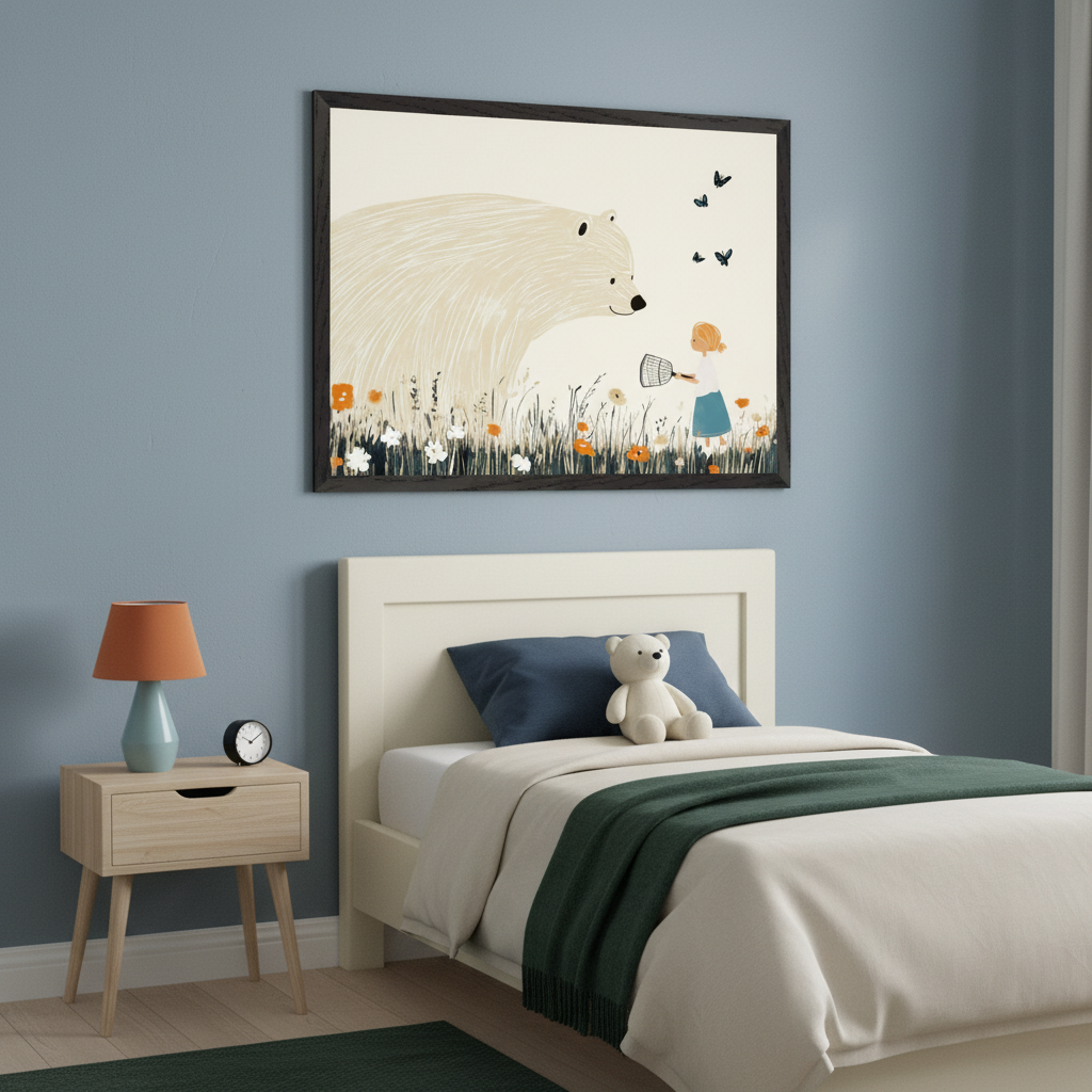 Kid's bedroom with a white bed and light wood nightstand against a blue wall. A large framed illustration of a white bear watching a girl with a net catching butterflies in a flowery field hangs above the bed.