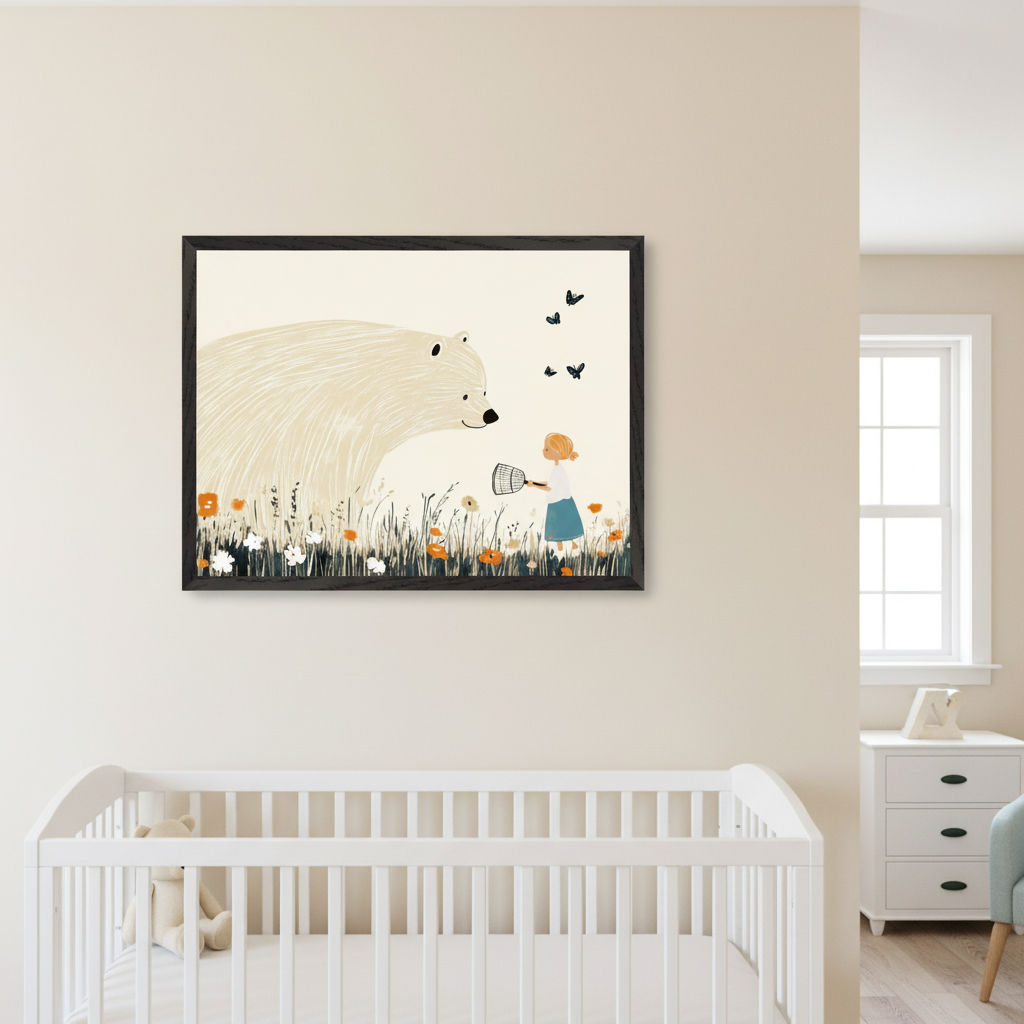 Modern nursery with a white crib. A black-framed illustration of a large white bear looking at a girl with a butterfly net in a field of flowers and butterflies hangs above the crib. A white dresser is visible on the right.