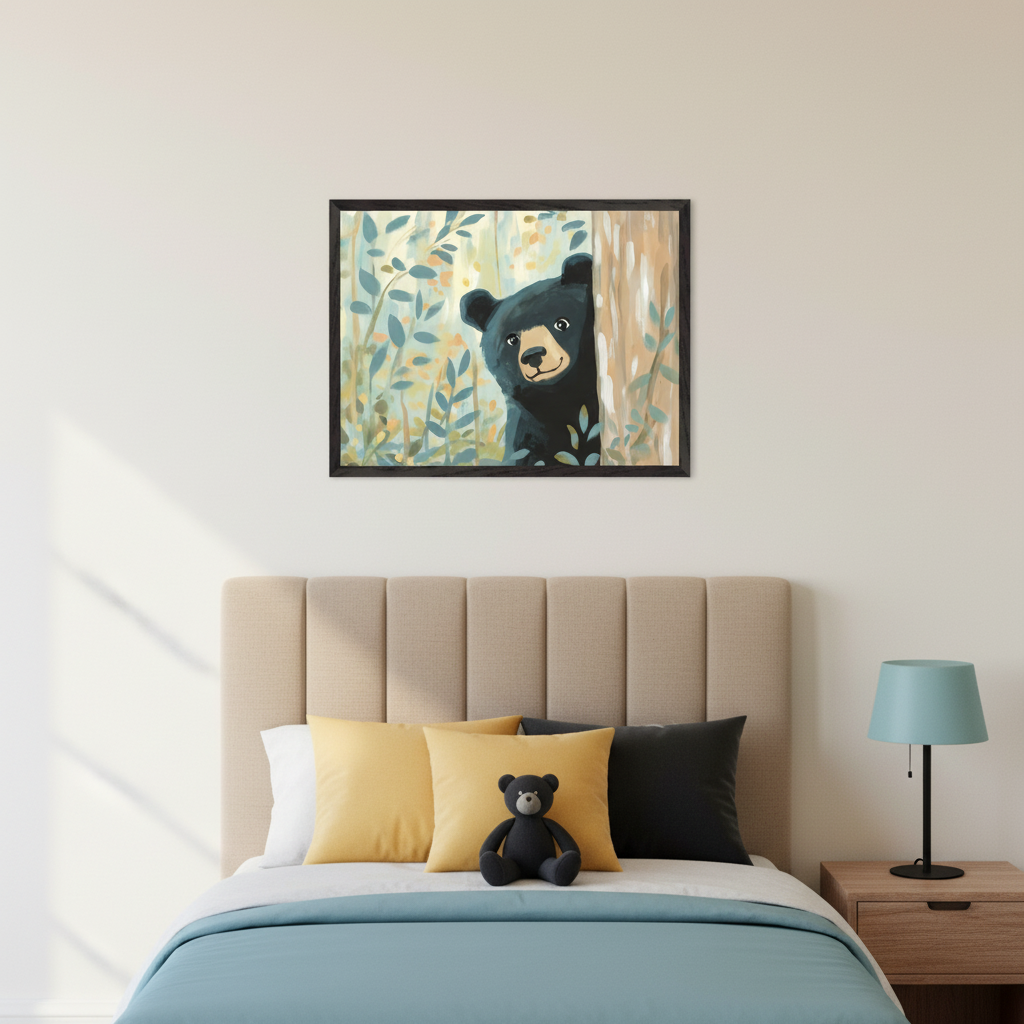 Modern kid's bedroom with a beige upholstered bed. A framed painting of a black bear peeking from behind a tree amidst green foliage hangs centered above the bed. Yellow and black pillows and a black teddy bear are on the bed, with a teal lamp on a nightstand.